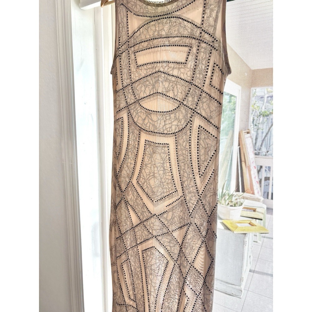 Art Deco Beaded Mesh Evening Gown Champagne Bronze Sequin Maxi Dress Glam Sz L *